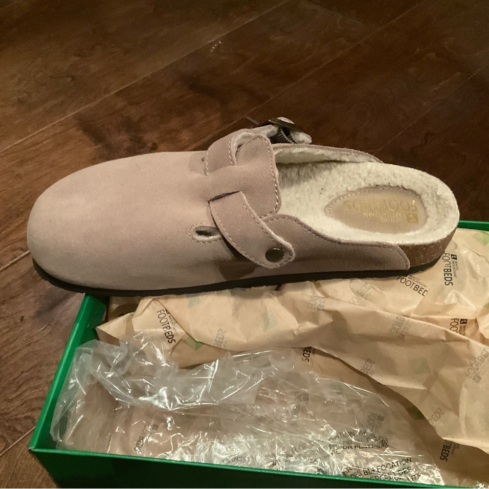 White Mountain footbeds clog mule taupe suede w faux fur women 8 8M bari